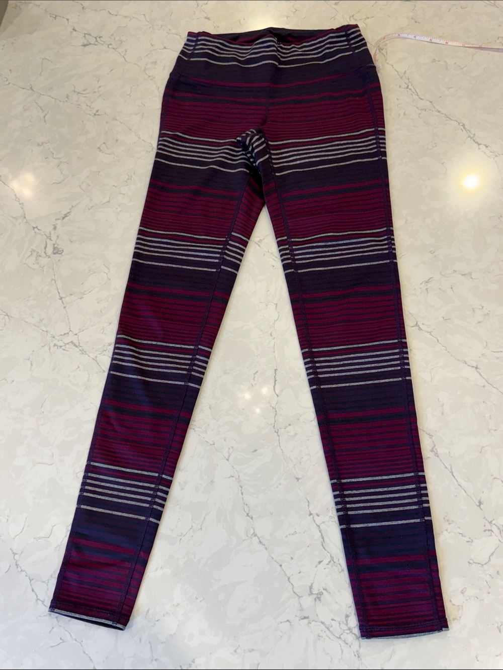 Athleta Burgundy, Dark Purple, Gray and Navy Striped Leggings